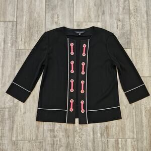 Ming Wang Cardigan Womens Size XS Black Open Front Pink Ribbon Grommet Trim